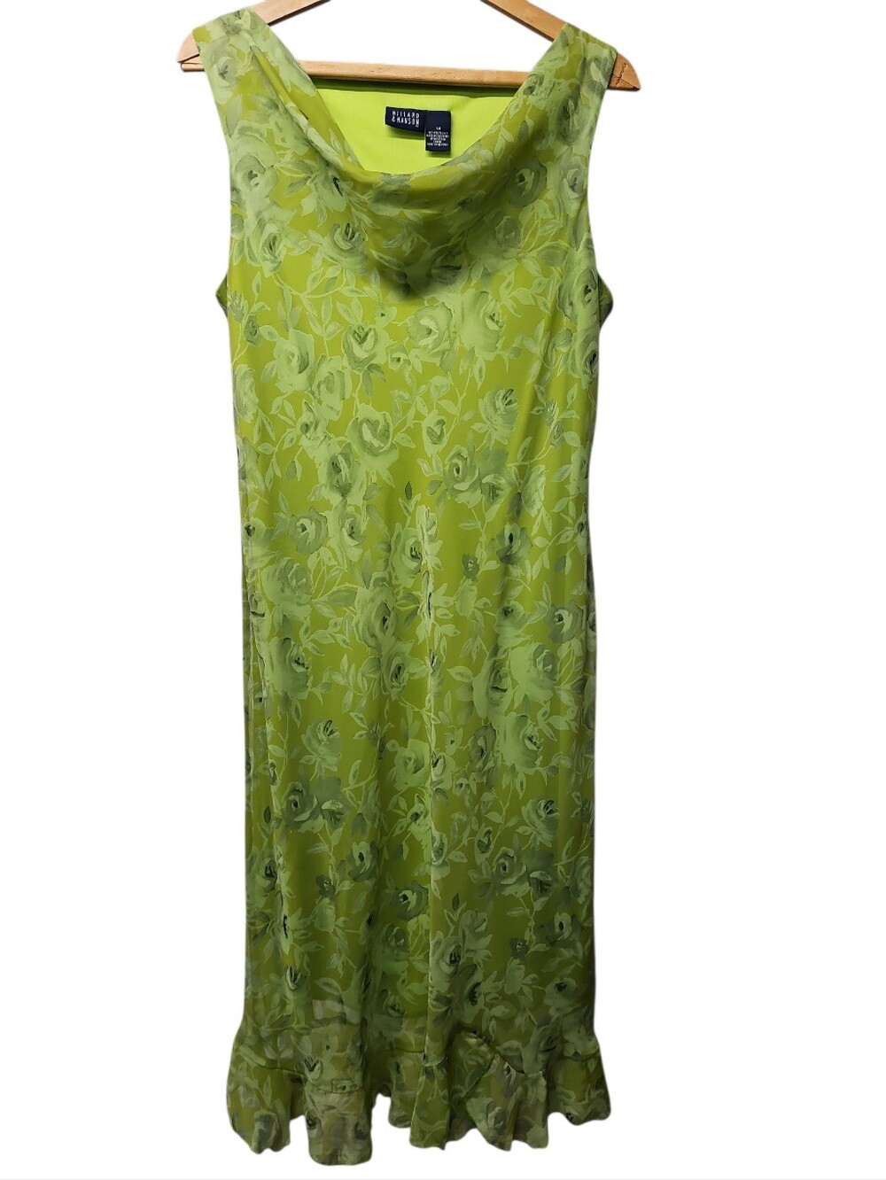 Y2K Hillard & Hanson Green Floral Cowl Neckline Flowy Dress Sz 14